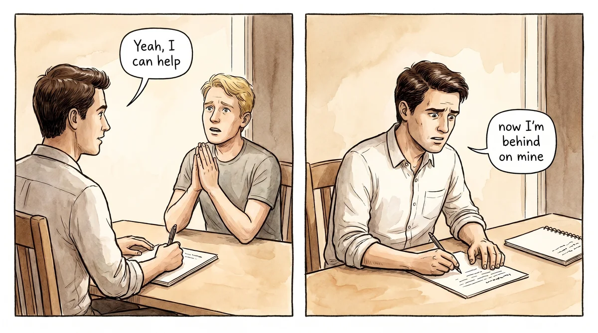 Left: a blonde friend with prayer hands begging across the desk, the man says "Yeah, I can help." Right: the same man alone at the desk, "now I'm behind on mine."