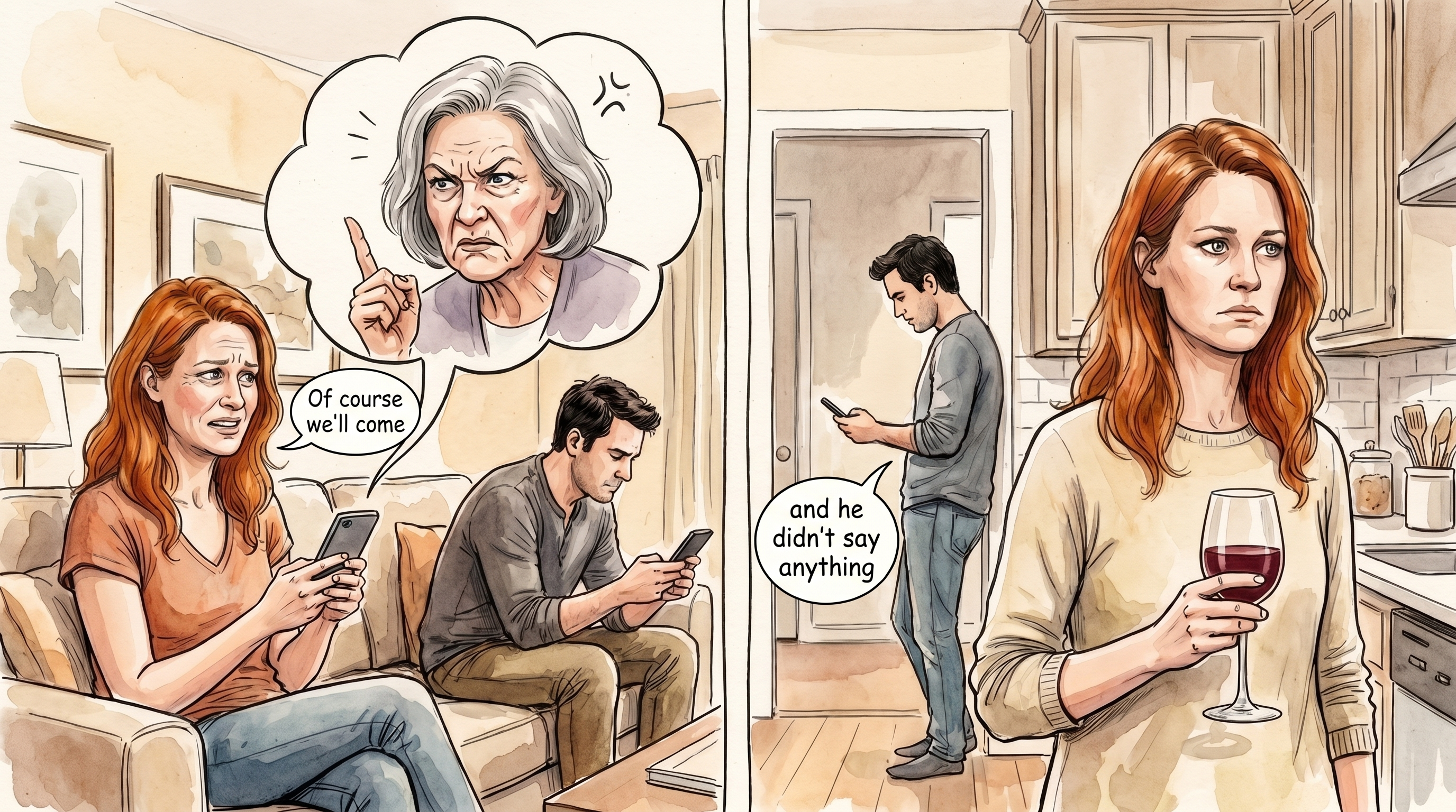 Left: a person on the couch with an angry mother-in-law in a phone callout, partner avoiding next to her, the person says Of course we'll come. Right: the same person alone in the kitchen with a glass of wine, and he didn't say anything.
